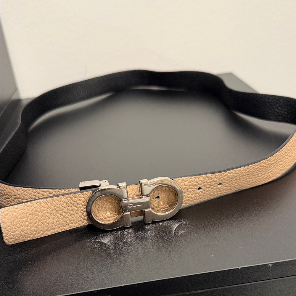 Salvatore Ferragamo Black and Tan Leather Belt with Silver Buckle